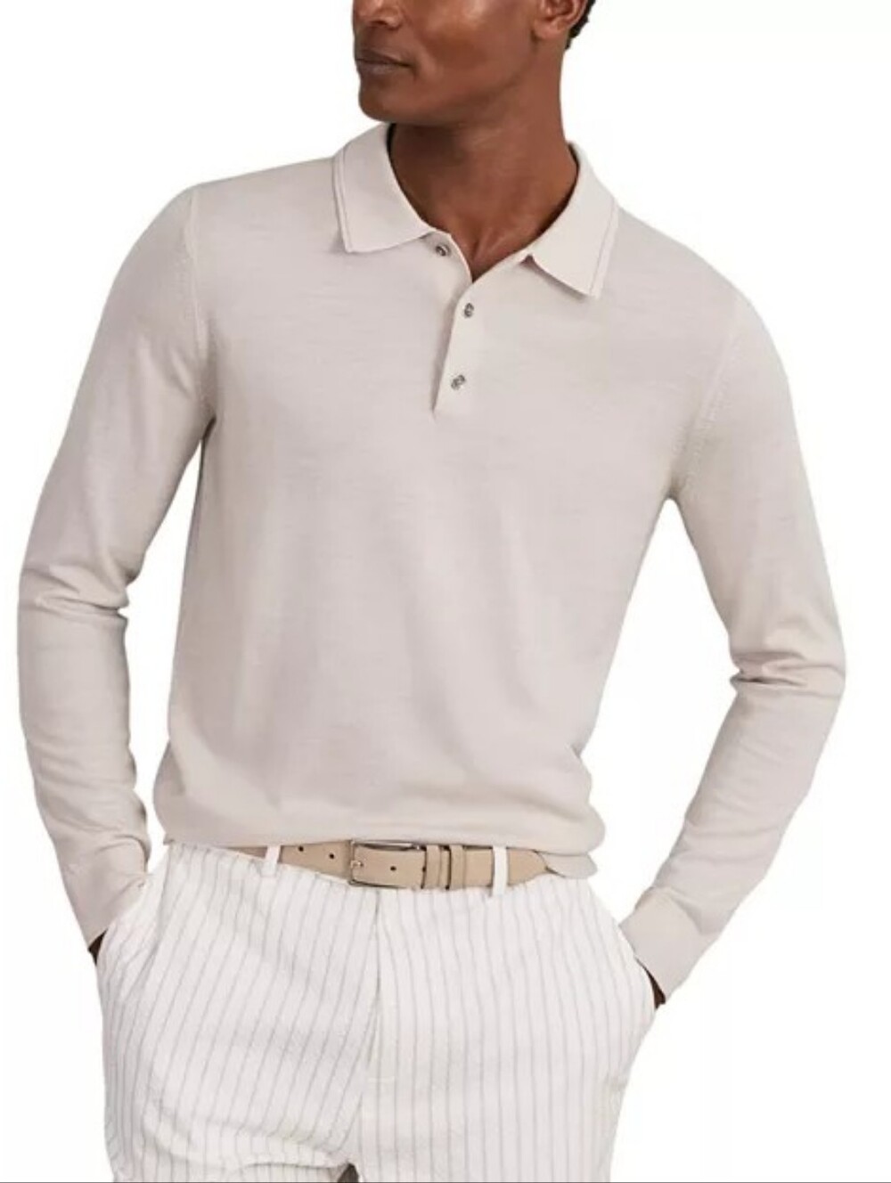 REISS Trafford Long Sleeved Half Button Merino Wool Men's Polo Large